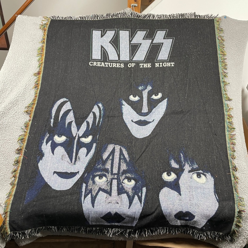 KISS Woven Blanket Unisex OS Black Creatures of the Night Tapestry Throw Fringed